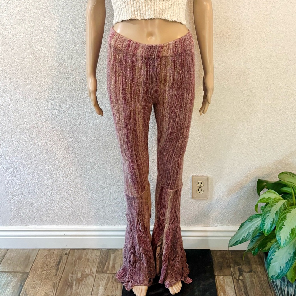 FREE PEOPLE Multicolor Bohemian Knit Flare Pants w/ Scalloped Hem
